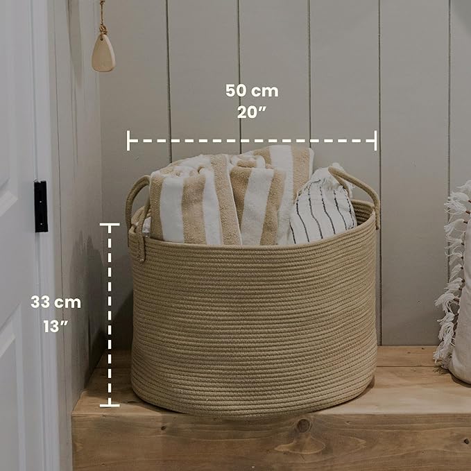OrganiHaus Large Woven Storage Basket for Blankets and Toys 20" x 13" Inch, Rope Laundry Basket with Handles, Cushions & Pillows Storage Bin, Nursery Hamper, Soft Round Dog Toy Bin - Honey