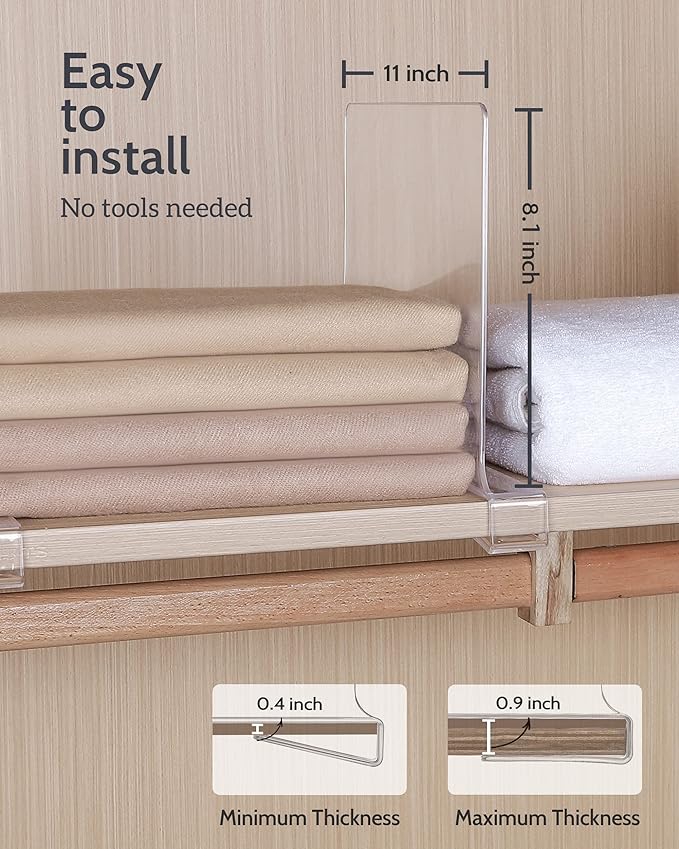 Clear Acrylic Shelf Dividers, Closet Shelf Divider and Closet Separator for Organization in Bedroom, Kitchen and Office Plastic Shelves 12 PCS
