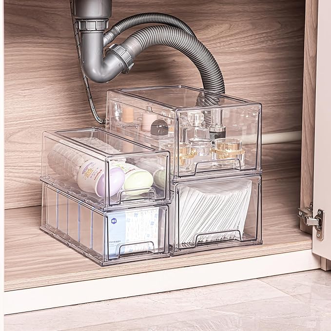 2 Pack Stackable Storage Drawers, Plastic Clear Organizer Bins with Handles for Undersink, Kitchen Cabinet, Fridge, Closet, Pantry, Office, Bathroom