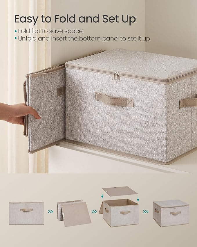 SONGMICS Foldable Storage Organizer Boxes, Set of 3 Storage Basket Bins with Lids, Handles, Clothes Organizer, 15.7 x 11.8 x 9.8 Inches, Non-Woven Fabric, Summer Sand URZB003K01
