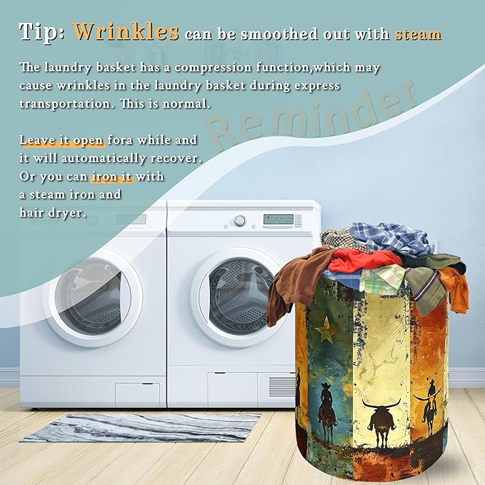 Retro Western Cowboy Laundry Basket Foldable Funny Western Laundry Hamper Oxford Cloth Colorful Tote Bag Clothe Toy Storage Bucket 18.9" x 16.5" For Bathroom/Laundry Storage/Bedroom