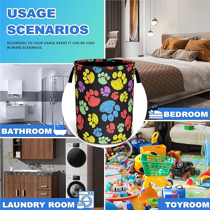 Dog Cat Paw Prints Laundry Basket Oxford Cloth Animal Laundry Hamper With Handle Foldable Portable Clothes Storage Basket 18.9 X 16.5 Inch Storage Bag For Laundry Room/Bathroom/Bedroom/Dormitories