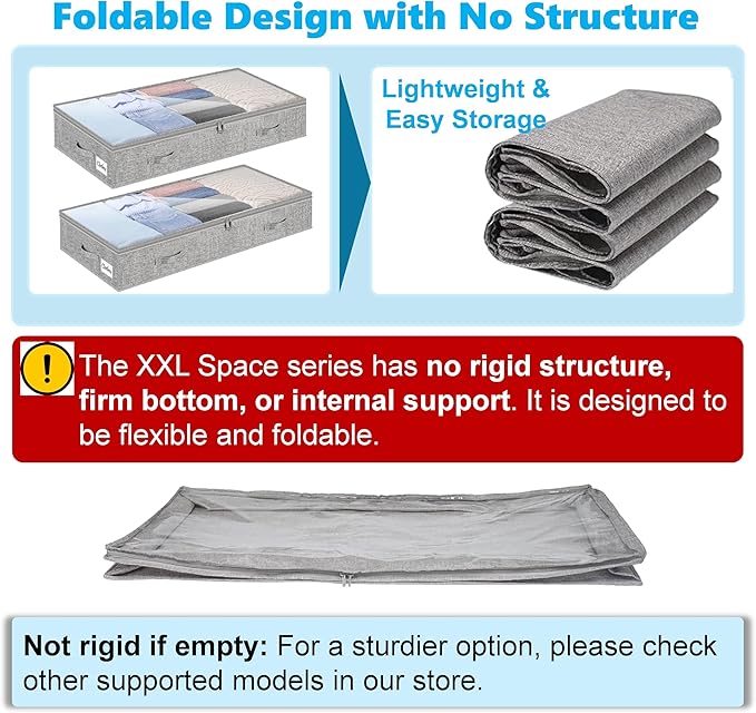 2 Pack 100L Under Bed Storage Containers, Low Profile Closet Organizers and Storage Bins for Dorm, Foldable Underbed Bag for Clothes, Blanket, Sheets, Wrapping Paper, Clear Window & Dual Zippers, Grey