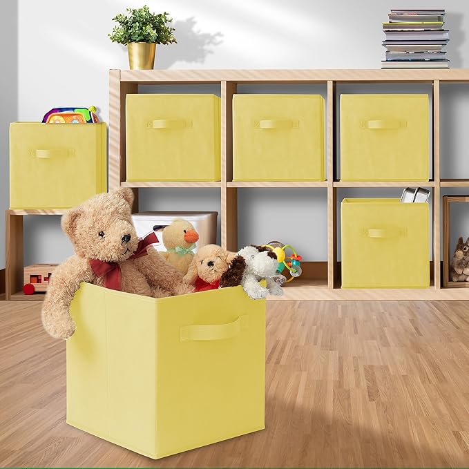 Casafield Set of 6 Collapsible Fabric Cube Storage Bins, Yellow - 11" Foldable Cloth Baskets for Shelves, Cubby Organizers & More