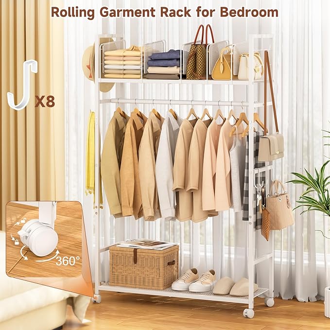 Portable Clothes Rack with Adjustable Shelf Divider, Freestanding Closet Organizers and Storage, Garment Rack and Purse Storage with 8 Hooks, Clothes Organizer on Wheels for Hanging Clothes, White