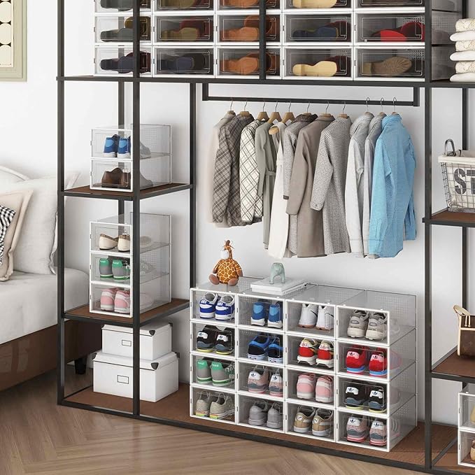 PARANTA 8-Piece Boot and 12-Piece Shoe Storage Box, Stackable Clear Plastic Shoe Box, Space-Saving Shoe Organizer for Boots, Sneakers, and High Heels, Clear