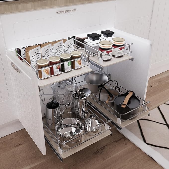 2 Tier Pull Out Cabinet Organizer 18" W X 22" D, Slide Out Drawers For Kitchen Cabinets, Pull Out Drawers For Cabinets Capacity Heavy Duty Caddy, Cabinet Pullout Shelves Wood Chrome, Pantry Storage