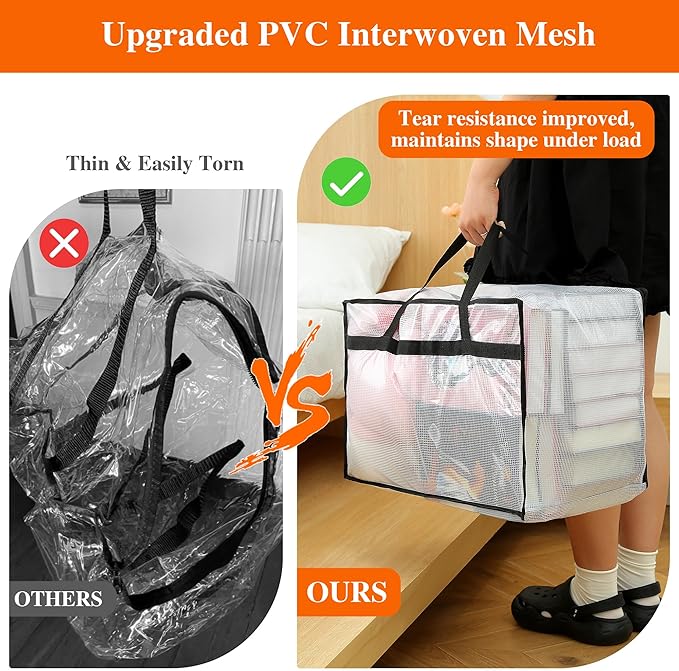 Vieshful 3 Pack 60L Clear Clothes Storage Bags with Zipper and Handles, Large Plastic Organizers for Comforter Clothes Bedding Blankets Duvets Pillow Toys & Moving