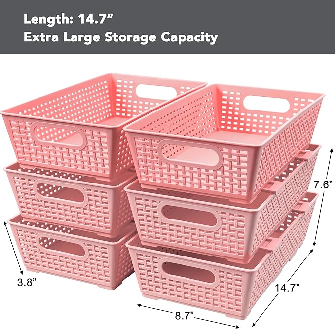 Tiawudi Stackable Woven Plastic Basket, Storage Bins for Cabinet, Closet, Shelf, Under Sink and Countertop, Pantry Organizer Bins, 6 Pack