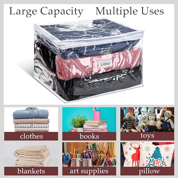 Hoolerry 6 Pieces Sweater Storage Bags Plastic Clear PVC Clothes Storage Bags with Zipper and Label for Blankets Clothes Closet Quilt Pillow Bed Sheet Organizer(12 x 12 x 12 Inch)