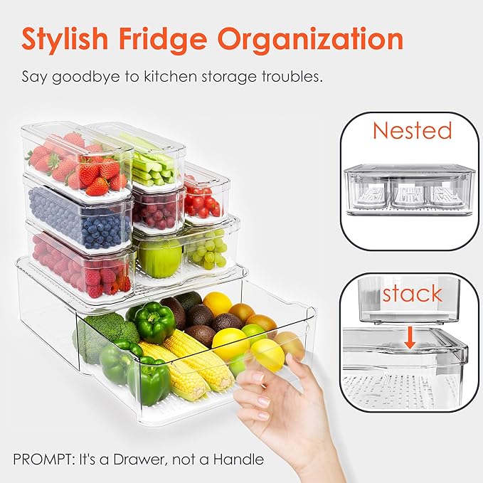 Fridge Organizers and Storage, 8 Pack Clear Freezer Organizer Bins with Lids for Kitchen, Pantry, Refrigerator, Food, Fruit, Vegetable Storage (8 Bins (Include Pull-out Drawer))