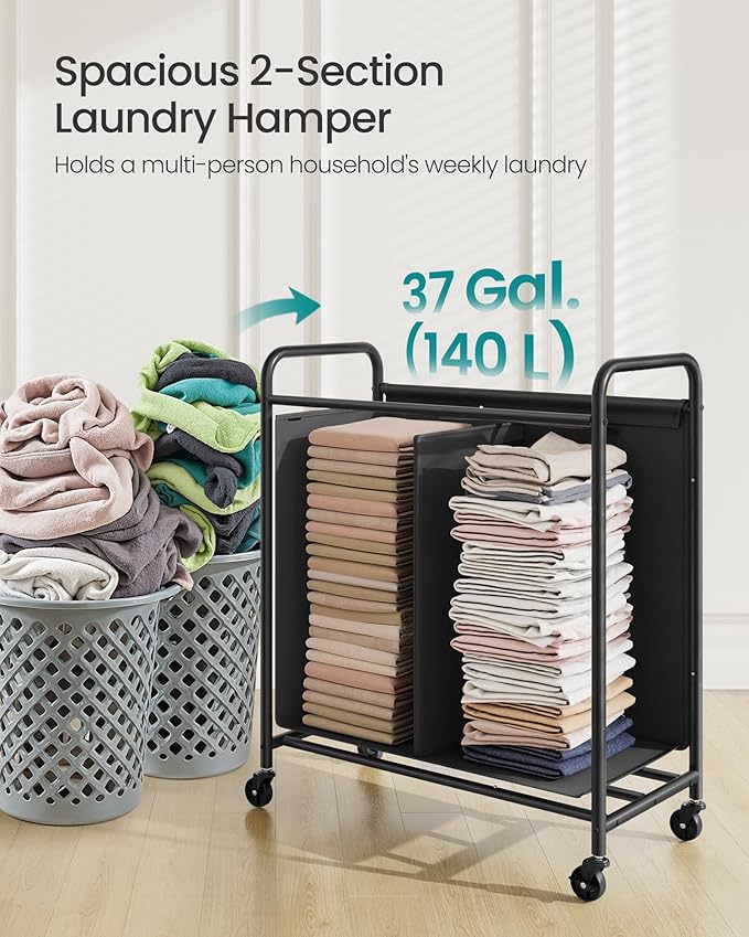SONGMICS 2-Section Laundry Sorter, Laundry Hamper with Wheels, Rolling Clothes Hamper Cart with Large Capacity and Removable Bags, for Laundry Room, Bedroom, Bathroom, Ink Black URLS210B01