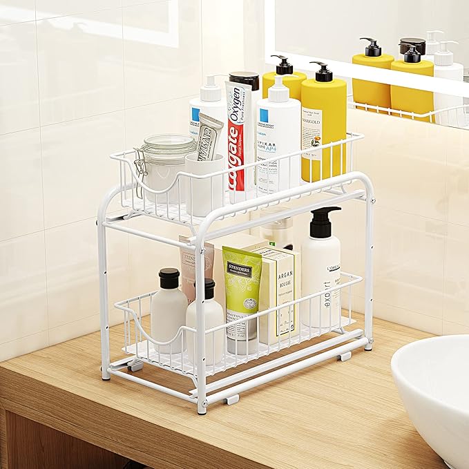 AIYAKA 2 Tier Stackable Sliding Basket Organizer Drawer For Kitchen And Bathroom/Cabinet Drawers,White
