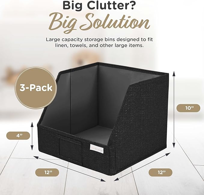 VIVIDECOR Trapezoid Closet Bins for Shelves – 12x12x10 Fabric Storage Baskets, Collapsible Organizer Boxes for Bedroom, Jeans, Sweaters– Black, 3 Pack