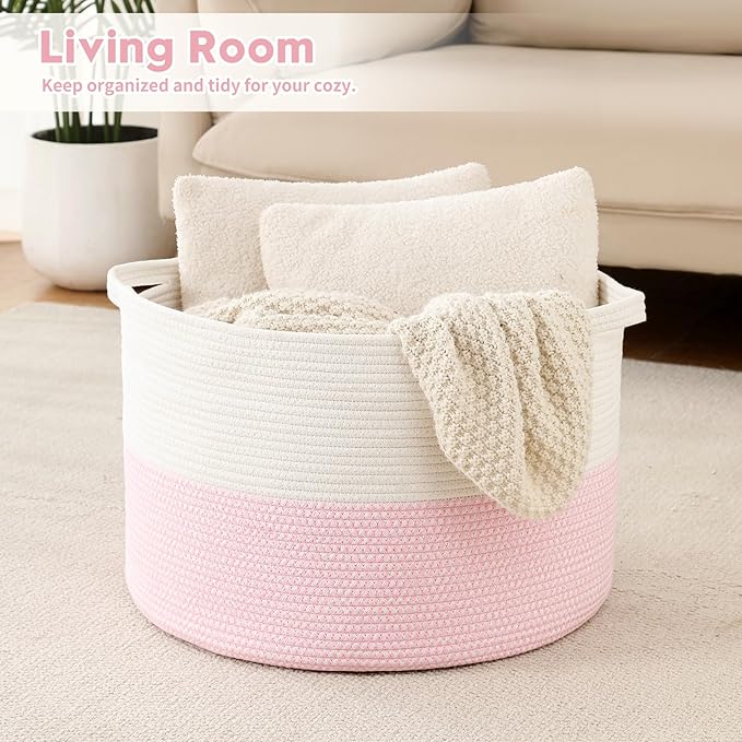 Foldable Laundry Hamper Basket with Collapsible Handle Cotton Rope Soft Woven Fabric Storage Organizer Clothes Toys Nursery Bedroom Dorm Space Saving Bin (White & Pink, 65L(19.7"D x 12.6"H))