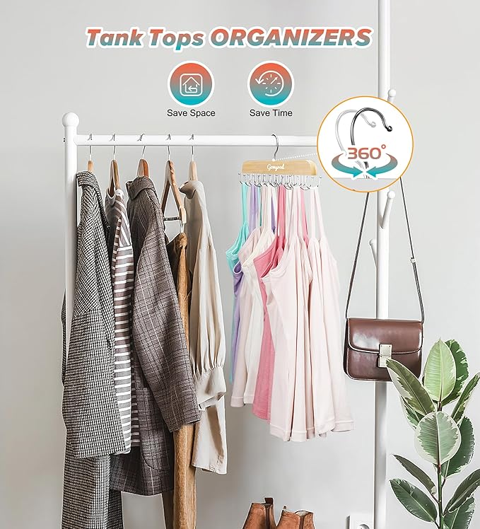 Bra Hanger for Closet, Tank Top Hangers 2 Pack w/20 Hooks Holds 40 Bras, Capacity Foldable Wood Space Saving Hanger, 360°Rotating Closet Organizers and Storage for Dorm & Apartment
