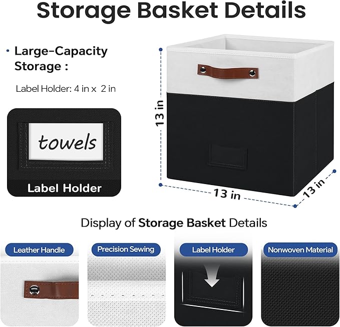 6-Pack Storage Cubes with Handles & Label Holders Basket, Closet Cube Home Organizer Bins(White/Black, 13 x 13 x 13 inch)