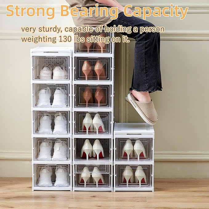Shoe Storage Box, No-Assembly 6 Tiers Foldable Shoe Organizer with Clear Door, Space-saving Shoe Rack，Sturdy Clear Plastic Stackable Sneaker Container