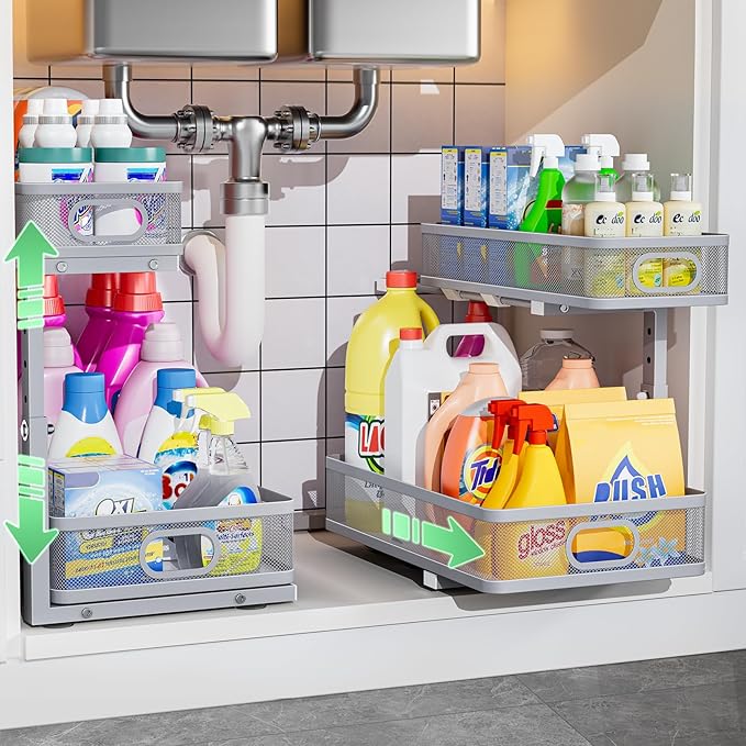 Under Sink Organizer, High Adjustable 2 Tier Under Sink Organizers and Storage, Slide Out Metal Cabinet Organizers, Pull Out Sink Storage Drawer Shelf for Kitchen Bathroom Cabinet, Grey, 2 Pack