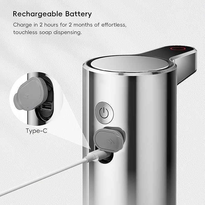EKO Aroma 9 fl oz Automatic Liquid Soap Dispenser, Rechargeable & Water-Resistant for Kitchen and Bathroom with Adjustable Soap Dispensing Volume Control (Chrome Metallic)