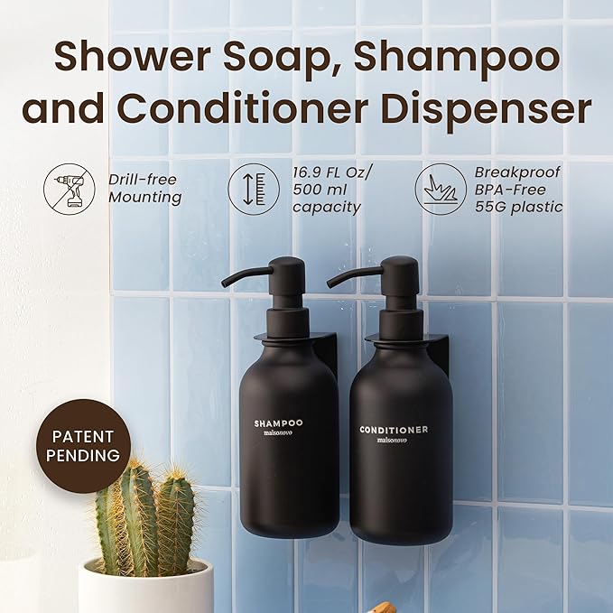 MaisoNovo Shampoo and Conditioner Dispenser - Shower Soap Dispenser Wall Mounted - 16.9 fl oz Set of 2 Black Plastic Bottles Black Plastic Pumps - 2 Chamber No Drill