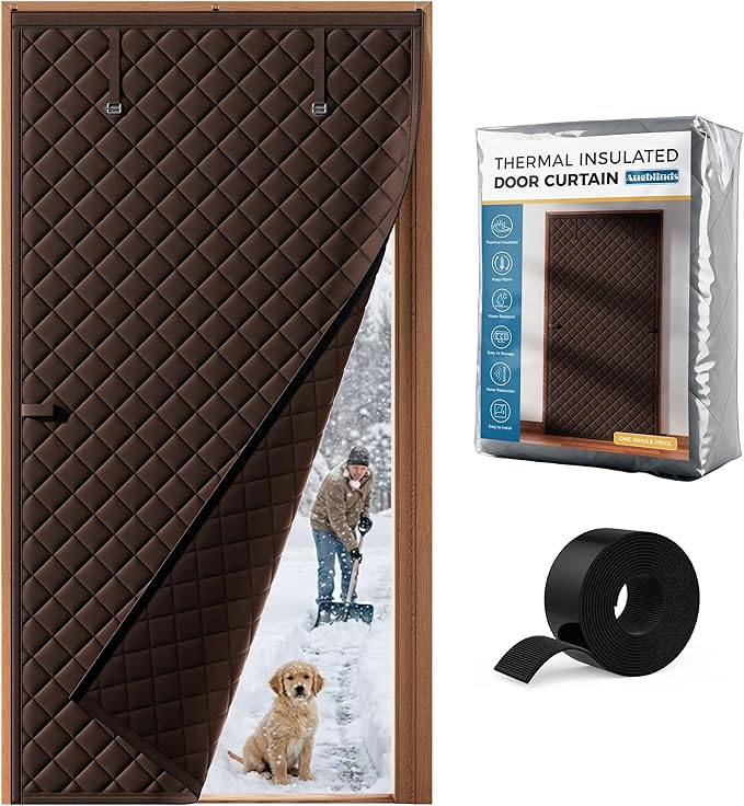 Thermal Insulated Door Curtain Fits Door Size 32 x 80 Inch, Oxford Cloth Thicken Cotton Filled, Curtain Size 35" x 82", Single Piece Door Insulation Blanket Cover for Cold in Winter, Brown
