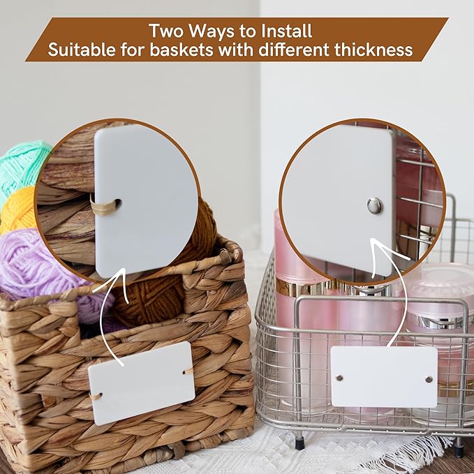 Temlum 18 Pcs Acrylic Basket Labels, Storage Tags with Chalk Marker Removable Label for Wire, Wicker, Woven Baskets & Pantry Storage (Rectangle, White)