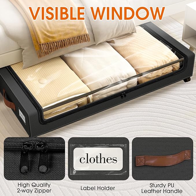 Under Bed Storage with Wheels 3Pack Storage Containers with Clear Window&Label Under Bed Drawers Rolling Under Bed Storage for Clothes,Shoes, Blankets (30.71 x 16.93 x 6.69 in, Black)
