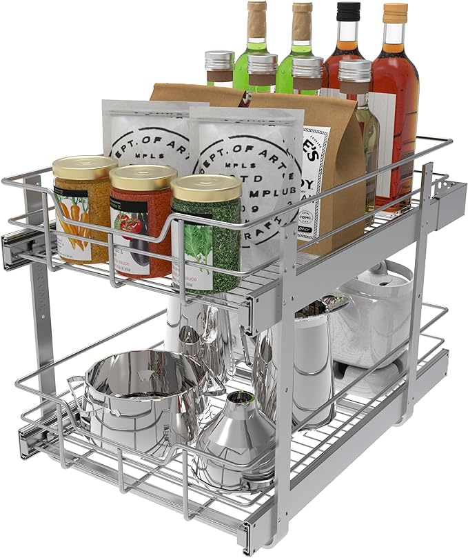 2 Tier Pull Out Cabinet Organizer 15" W X 22" D, Slide Out Drawers For Kitchen Cabinets, Pull Out Drawers For Cabinets Capacity Heavy Duty Caddy, Cabinet Pullout Shelves Chrome-Plated,Bathroom Pantry | Slide Out Drawers, For Kitchen Cabinets, Heavy Dut...