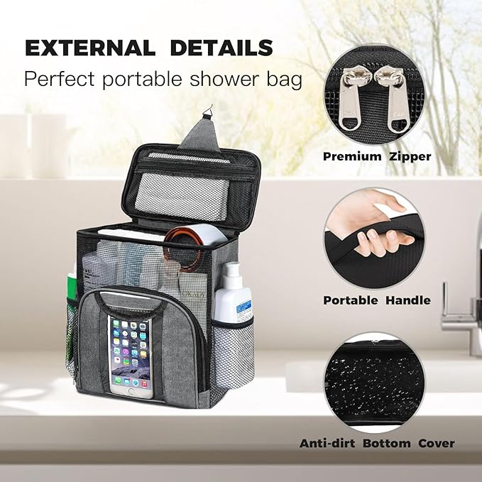 Mesh Shower Caddy for College Dorms – Portable Hanging Toiletry Bag with Quick-Dry Mesh, Metal Hook & Spacious Compartments for Bathroom, Gym, Travel, Beach & Camping
