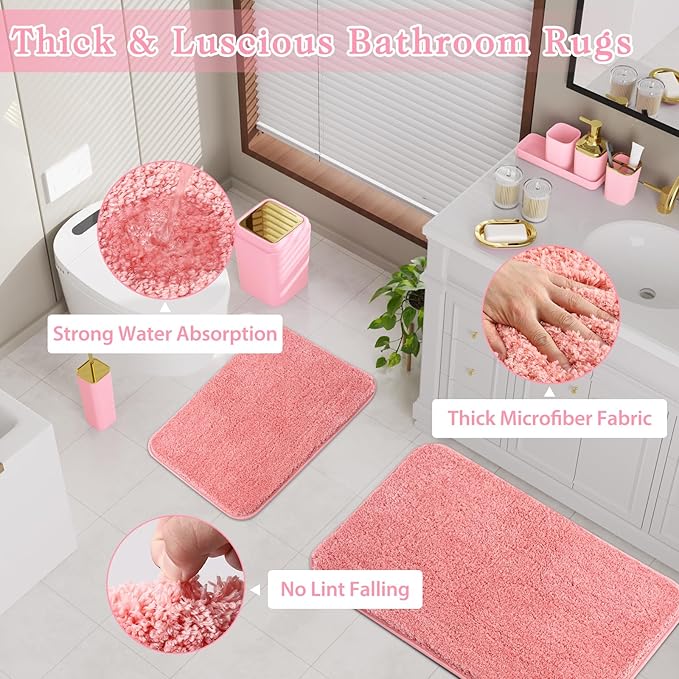 Bathroom Set - Pink Bathroom Sets with Shower Curtain and Rugs, 24PCS Shower Curtain Set with Hooks, Soap Dispenser, Soap Dish, Toilet Brush Holder and Trash Can for Housewarming