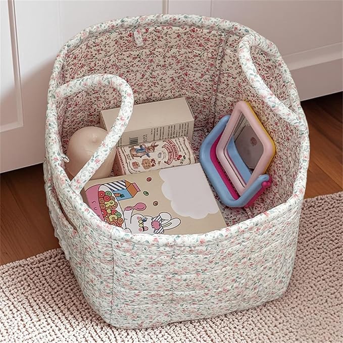 Quilted Fabric Storage Basket with Handles & Pocket, Foldable Laundry Hamper Boho Floral Print Organizer Bin for Home, Picnic, Office 12"x10"x10" (A-1)