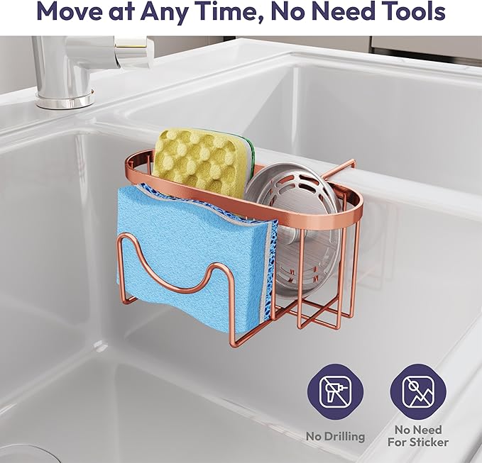 SWTYMIKI Sink Caddy - Movable Stainless Steel Hanging Organizer with M Shape Hook, Fits Double Sink, Rose Gold