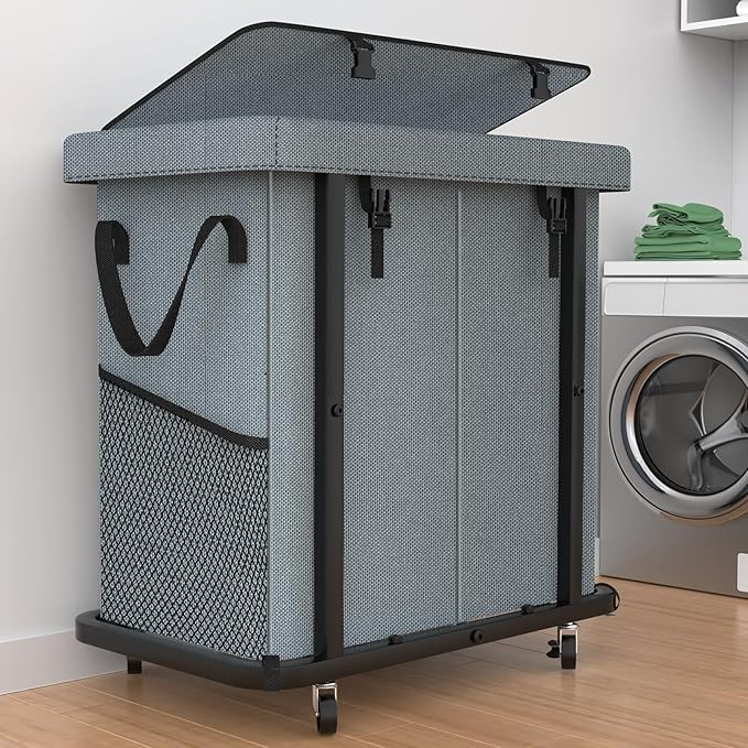 50 Gal(190L) High Grade Large Laundry Basket with Wheels, Rolling Laundry Hamper, Laundry Cart with Metal Frame and Removable Bag Design, Suitable for Laundry Room, Bedroom (Grey, 2 Section 190L)
