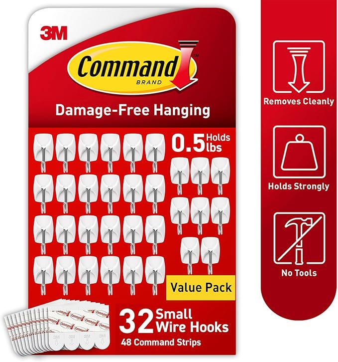 Command Small Wire Toggle Hooks, 32 Count, and 48 Strips, Damage Free Hanging Wall Hooks with Adhesive Strips, No Tools Required for Hanging, Organization and Storage, Holds up to 0.5 lb