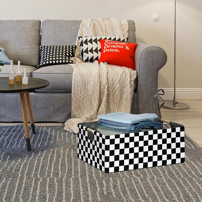 Checkered Storage Basket Foldable Nursey Box | 16.9" Storage Cube for Women Closet Organizer Boys Car Toys Bins with Handles | Sturdy Cardboard & Washable Fabric 2Pack