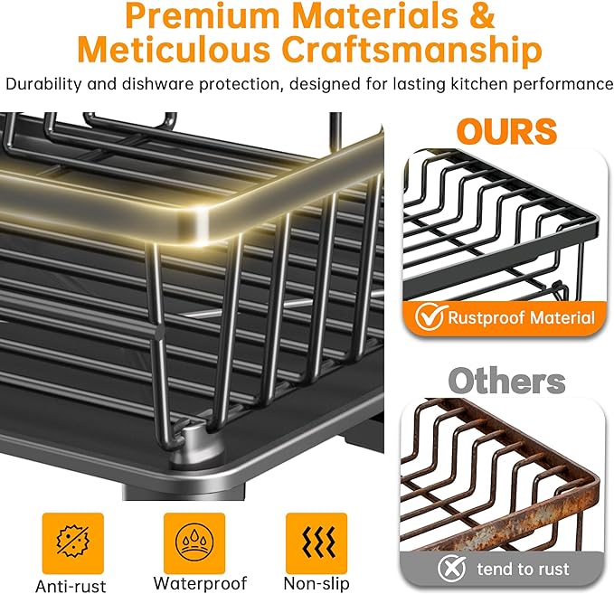 Dish Drying Rack, 2 Tier Dish Racks for Kitchen Counter, Compact Drying Rack Kitchen, Rust-Resistant Dish Drainer, Detachable Space-Saving Dish Rack with Drainboard, Utensil Holder, Black