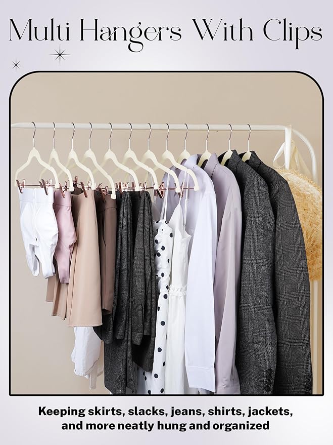 HOUSE DAY Velvet Skirt Hangers 24 Pack, Non Slip Pants Hangers with Rose Gold Clips, Slim Hanger with Clips, Velvet Clip Hanger for Jeans, Trouser, Dresses, Coats (Ivory)