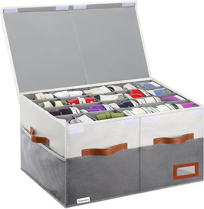 Shoe Organizer for Closet, Foldable Shoe Storage Bins with Lid & Adjustable Dividers, Fabric Shoe Box Storage Containers with Four Reinforced Handles, Fits 20 Pairs, 1 Pack, Grey