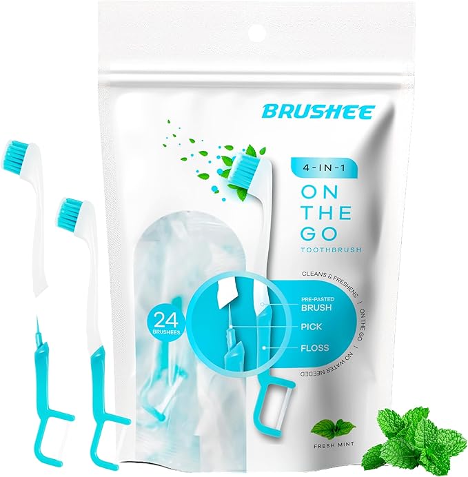 Brushee - The Evolution of Oral Care | 4-in-1 Tool (Paste + Brush + Floss + Pick) | Individually Wrapped | Disposable | Prepasted Travel Toothbrushes | Small Adult Toothbrush - (120-Pack)