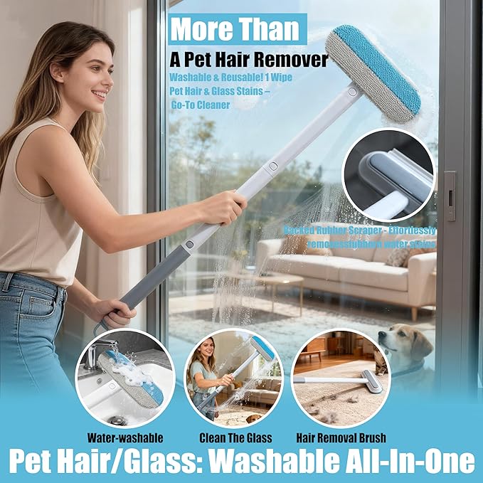 Pet Hair Remover Set – Removes Pet Fur from Carpets, Furniture & Car Seats For Cat & Dog, includes a 4-in-1 Hair Removal Brush (Extended Handle) & a Cartoon Magic Electrostatic Hair Removal Glove.