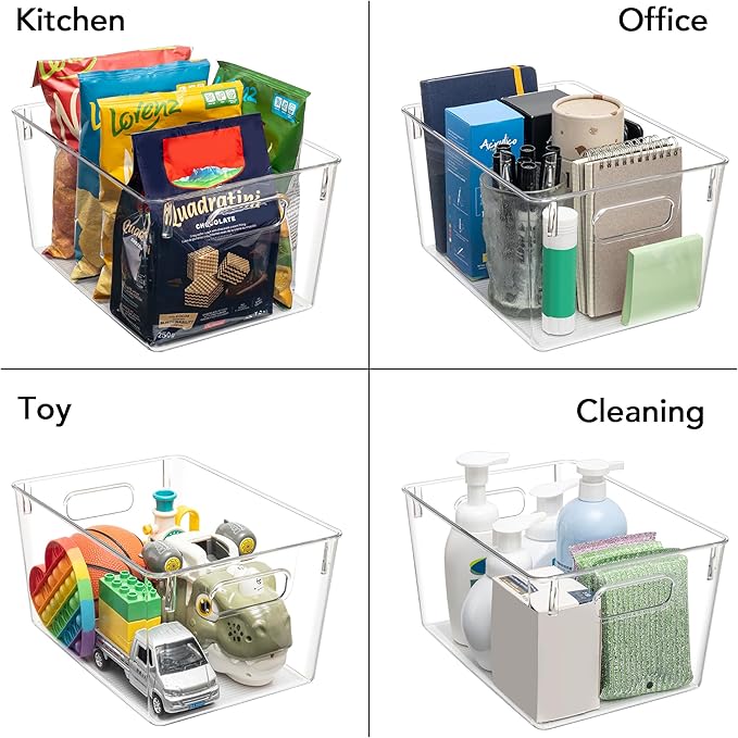 Tiawudi Set of 10 Clear Plastic Storage Bins, 4 Large and 6 Small Stackable Storage Containers for Pantry Organization, Organizer Bins for Home, Kitchen, Bathroom, Office, Cabinet Shelf Organizers