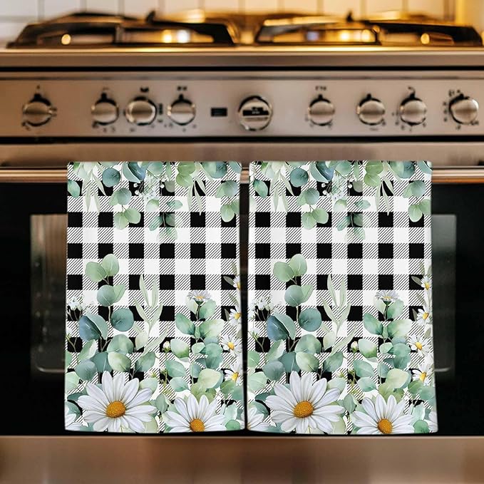 Kitchen Towels Set of 4, Green Eucalyptus Leaves Soft Microfiber Dish Towels, Summer Botanical Daisy Black Plaid Absorbent Washable Dishcloths for Kitchen Cleaning, Drying Dishes, 18x28 Inches