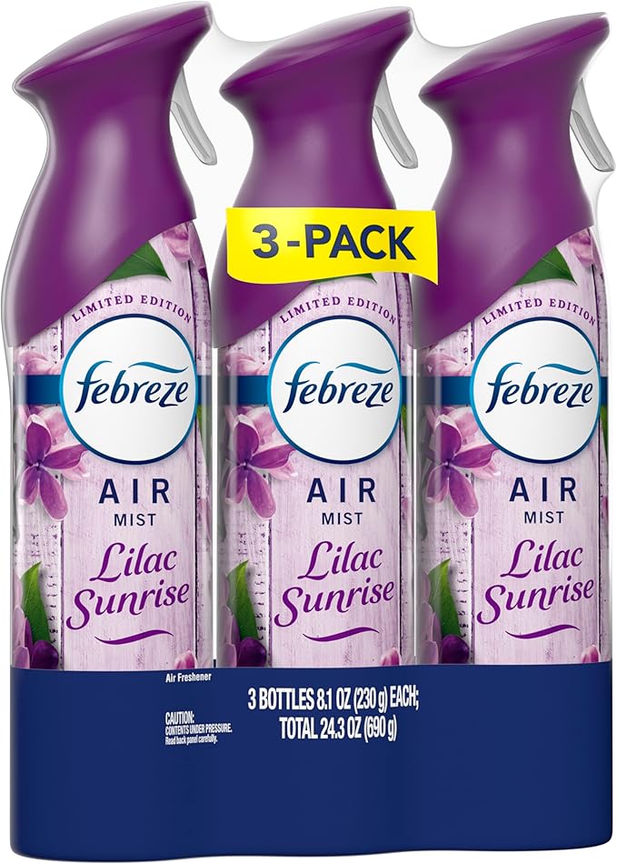 Febreze Air Mist, Air Freshener Spray, Odor Fighting Room Spray, Deodorizer for Home Bathroom Kitchen Office Apartment Dorm Room Classroom, Lilac Sunrise Scent, 8.1oz (Pack of 3)