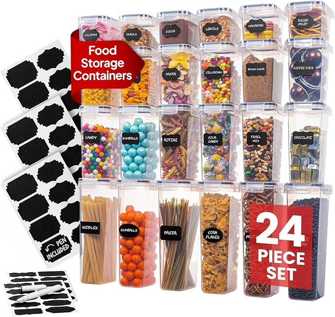 Airtight Food Storage Containers Set - Air Tight Pantry Storage Containers with Lids - Pasta Flour Sugar Cereal Containers - Storage Containers for Food - Kitchen Storage Container (Clear-24 Pack)