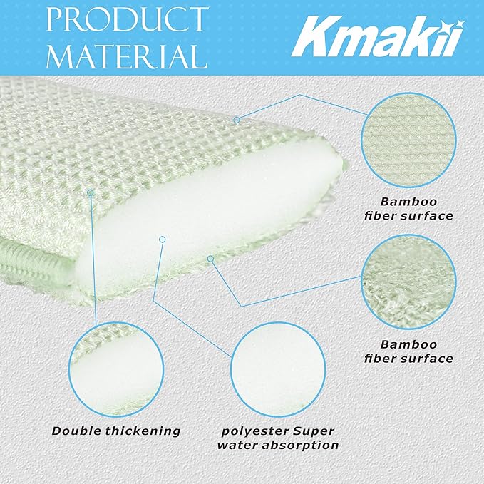 KMAKII Bamboo Kitchen Sponges Dish Sponge Super Absorbent Natural Dish Sponges,3 Color, Pack of 6