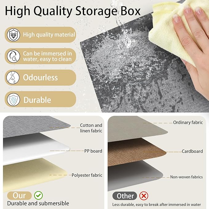 Yawinhe Storage Bins with Lids, Closet Baskets, Washable and Leather Handle, Collapsible Boxes for Home, Grey, 17.7''Lx11.8''Wx11.8''H, 5-Pack, USNK024GX-5