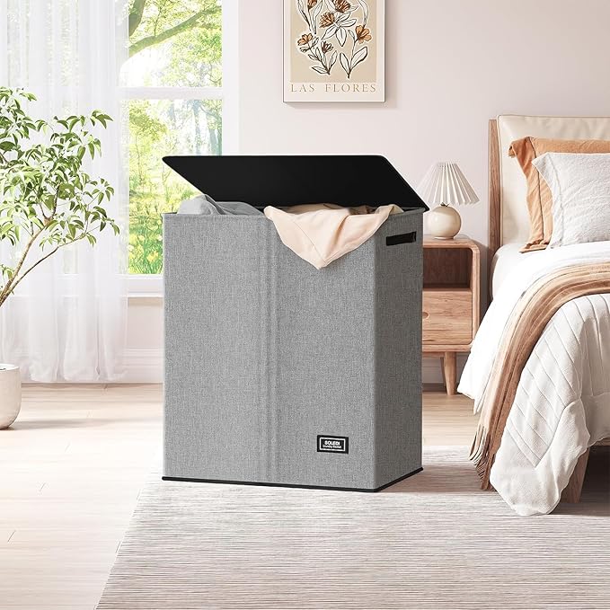 SOLEDI Double Laundry Hamper with Lid and Removable bag, Large Laundry Basket 2 Section with handles, Collapsible Dirty Clothes Hampers for Laundry, Bedroom, Dorm, College
