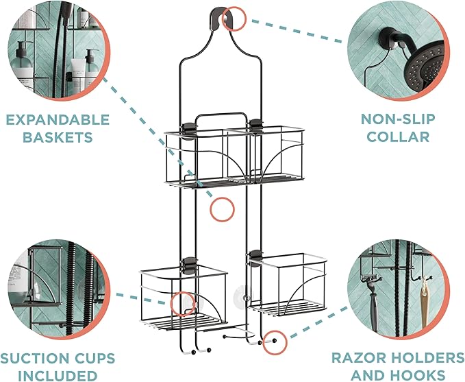Zenna Home Modern Bronze Expandable Rust-Resistant Over-the-Shower Caddy, 4 Load, Hanging Mount, Wall Mount, 10.25"D x 16"W x 24.75"H, Bronze