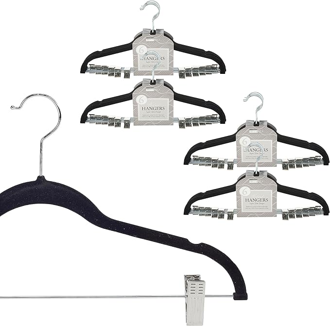 Simplify 24 Pack Velvet Hangers with Clips | Skirt and Pants | Slim Space Saving | Closet Organization | Non-Slip | Prevent Creases | Swivel Neck | Durable | Black
